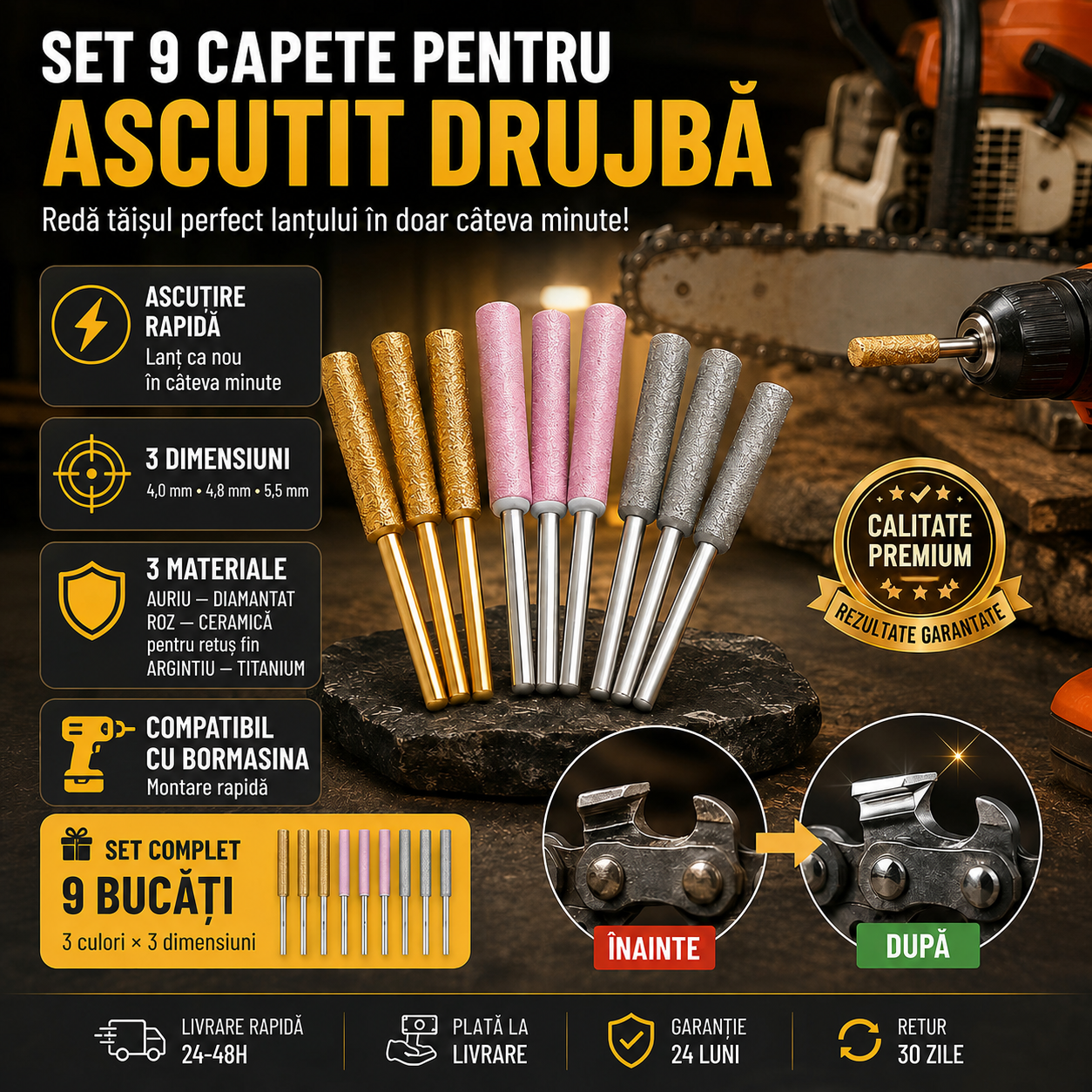 SharpPro™ – 9 Capete pentru Ascuțit Lanțul Drujbei