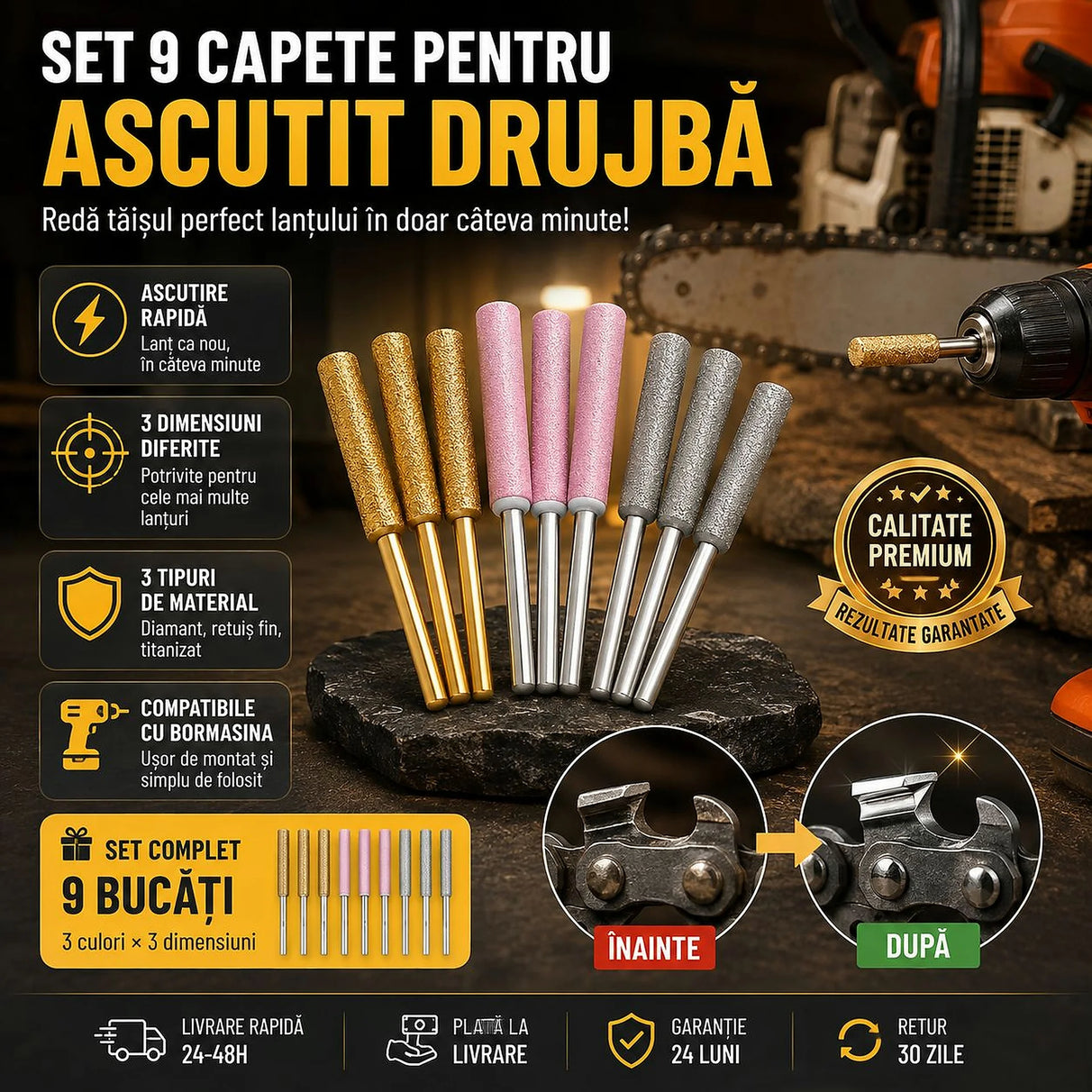SharpPro™ – SET 9 Capete Ascuțire Lanț Drujbă